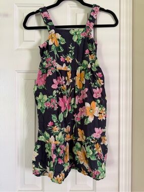 Girls Navy Blue Floral Printed Sleeveless Tiered Midi Dress Ruffle Hem Pockets